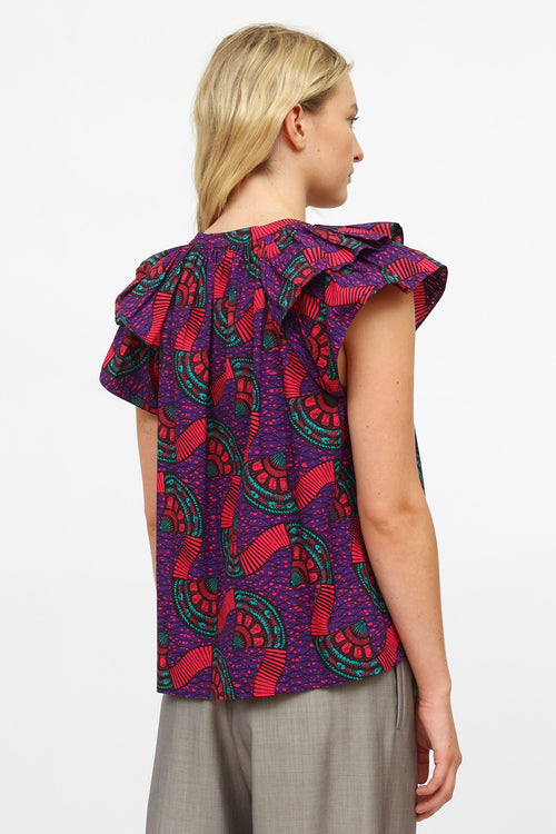 Ulla Johnson Purple Multi Pattern Ruffle Top