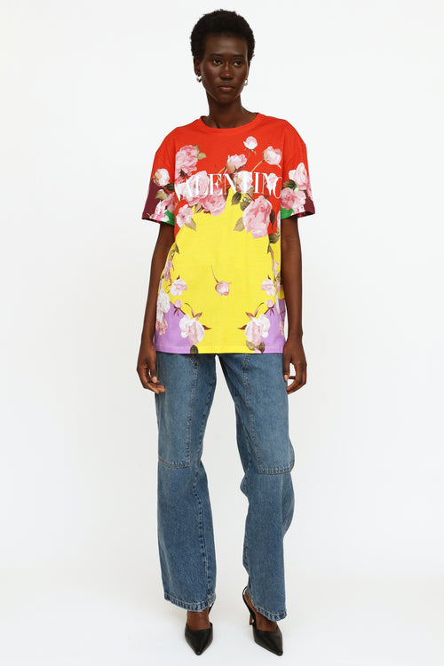 Valentino Red Yellow 
Purple Floral Logo Top