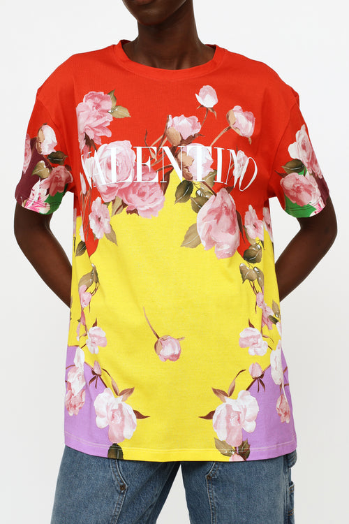 Valentino Red Yellow 
Purple Floral Logo Top