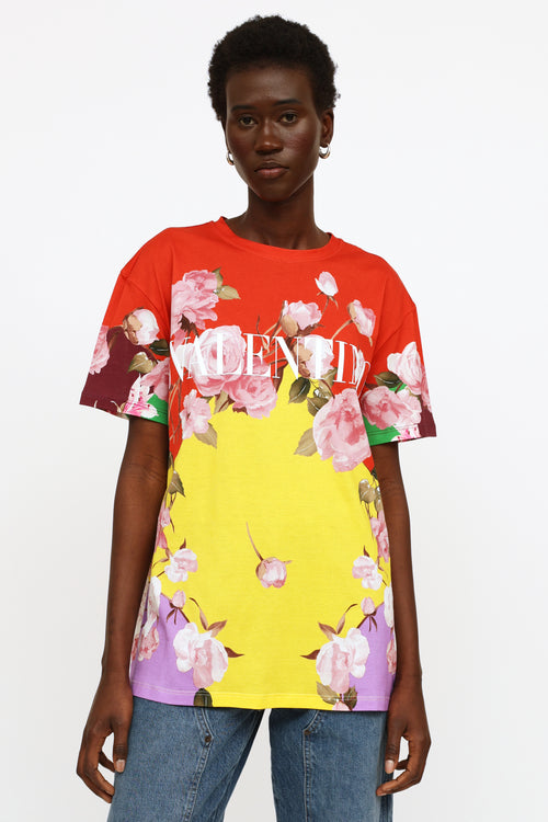 Valentino Red Yellow 
Purple Floral Logo Top