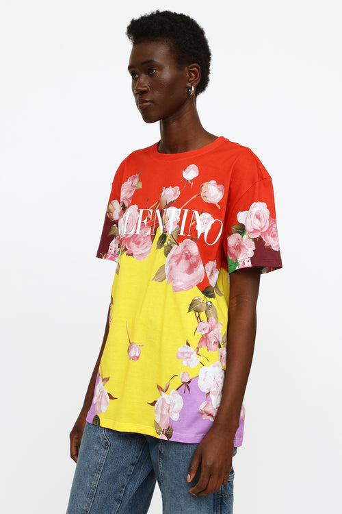 Valentino Red Yellow 
Purple Floral Logo Top