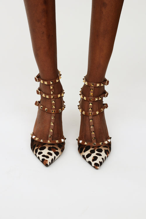 Valentino Brown Printed Rockstud Cage Pump