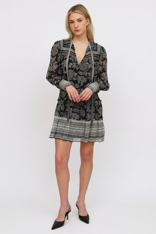 Veronica Beard Black 
Grey Silk Patterned Dress