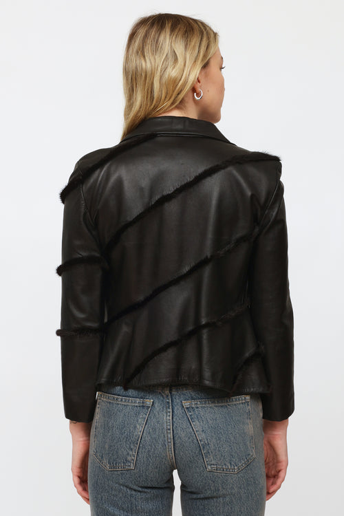 Versace Black Leather Fur Trim Jacket