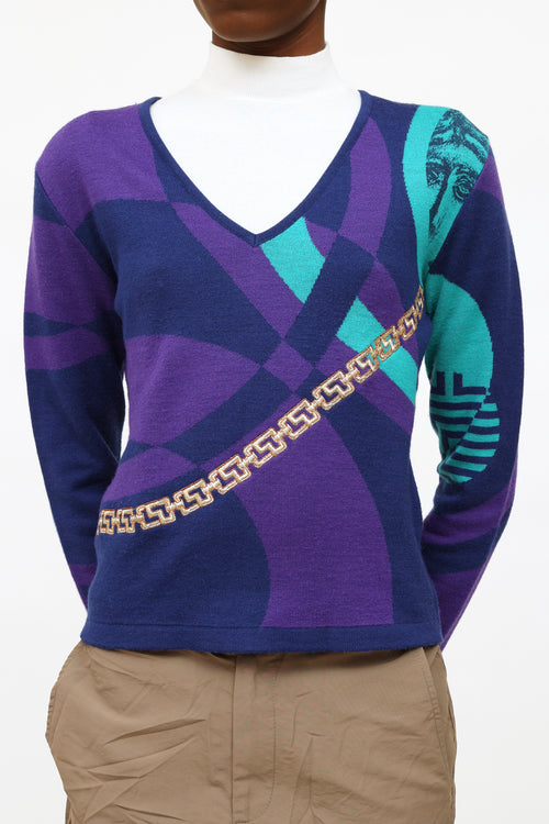 Versace Purple 
Teal Embroidered Sweater