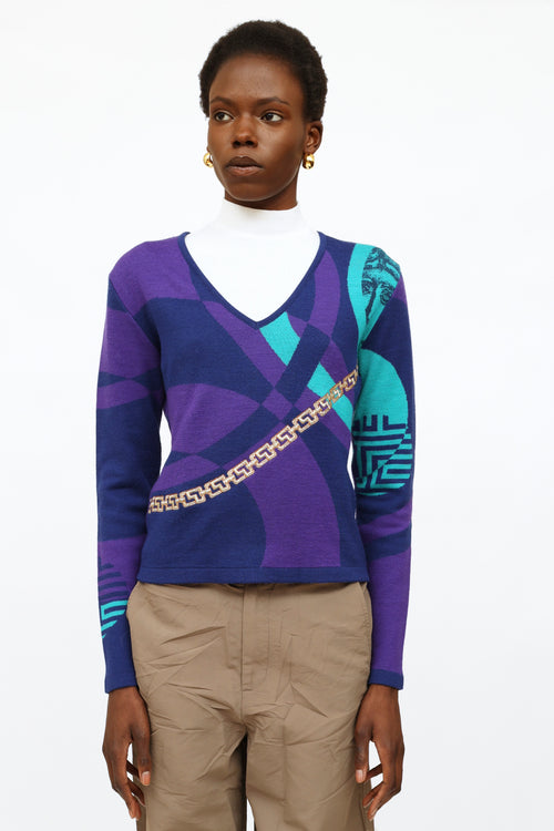 Versace Purple 
Teal Embroidered Sweater