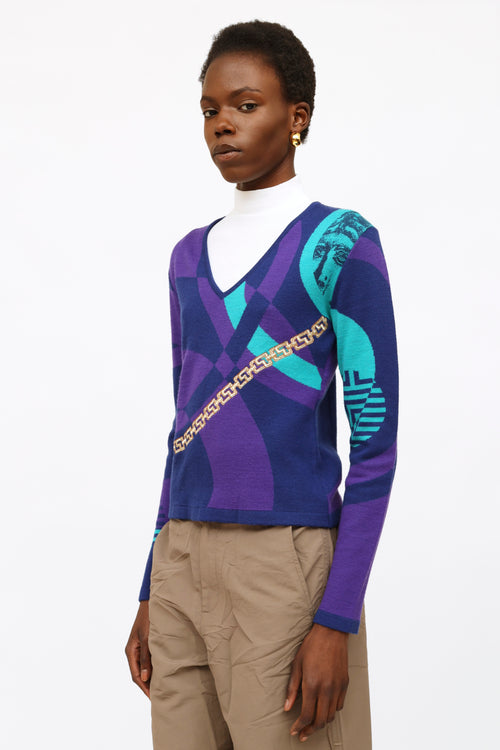 Versace Purple 
Teal Embroidered Sweater